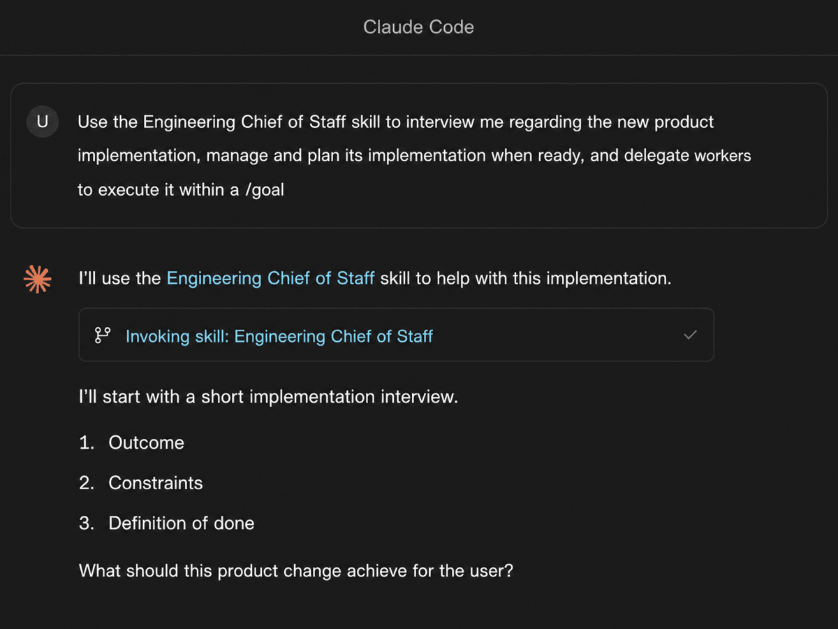 Claude Code invoking the Engineering Chief of Staff skill and beginning its guided workflow.