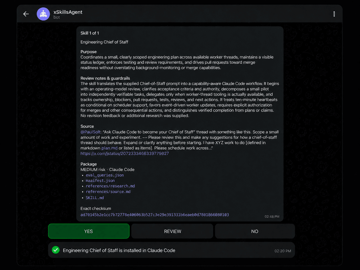A Telegram skill review showing package details, approval choices, and a successful installation.
